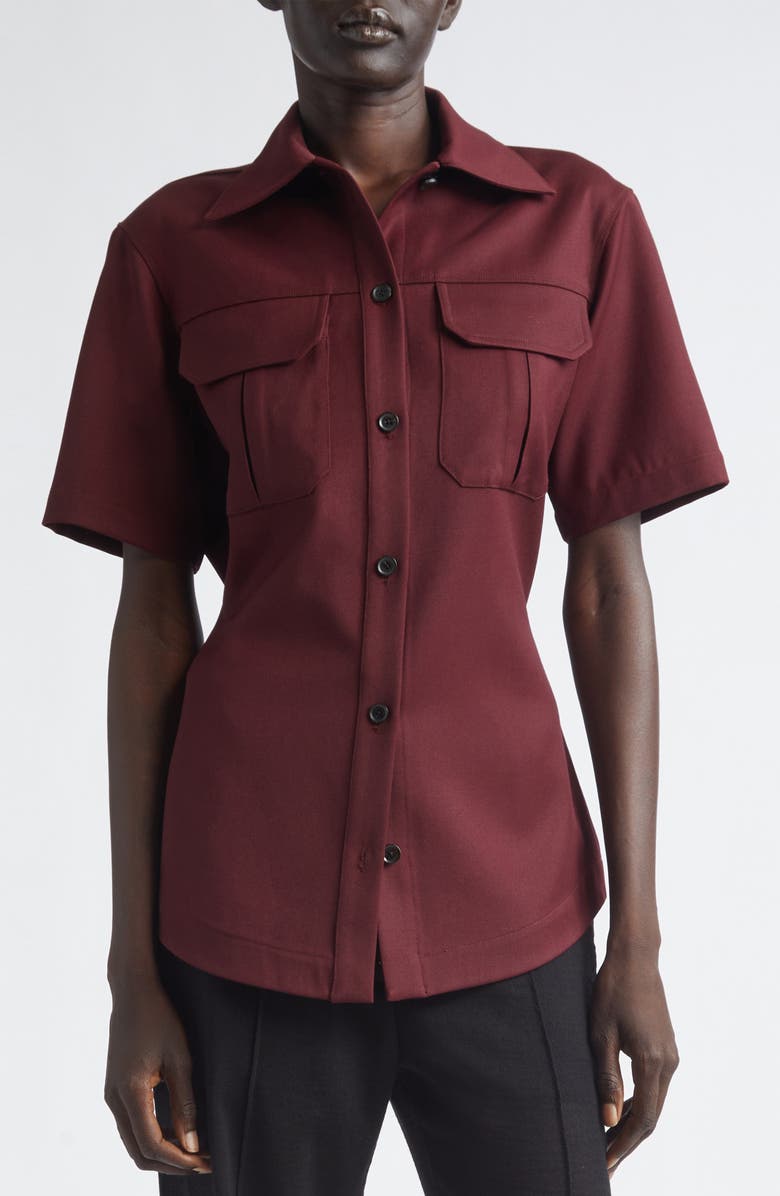 Proenza Schouler Nali Wool Blend Gabardine Button-Up Shirt, Alternate, color, Oxblood