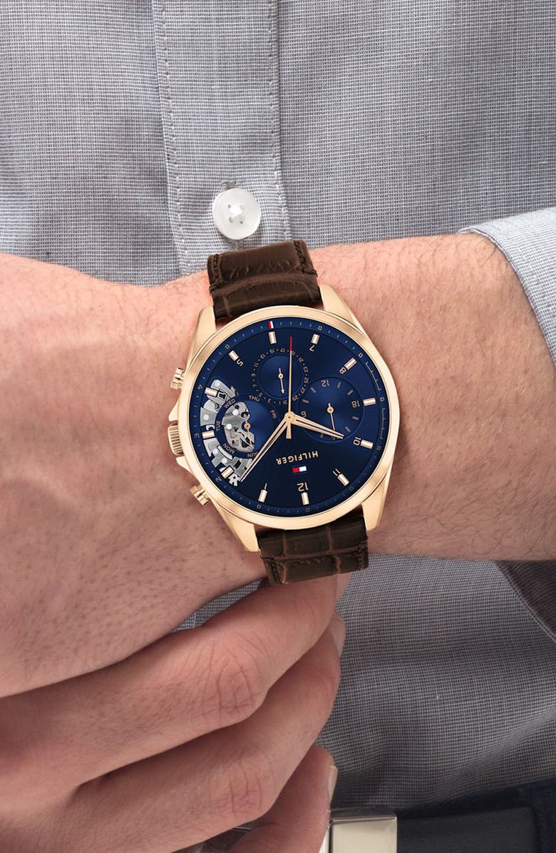 Tommy Hilfiger Baker Croc Embossed Leather Strap Watch, 43.5mm, Alternate, color, Blue