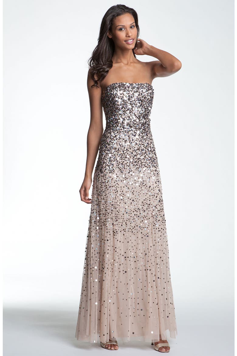 Sequined Strapless Mesh Gown, Main, color, NUDE