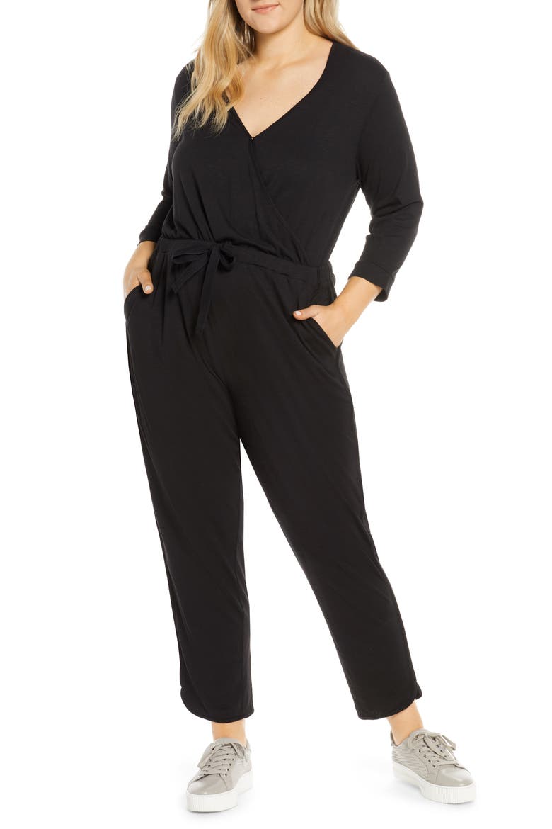 Surplice Crop Jumpsuit, Alternate, color, BLACK