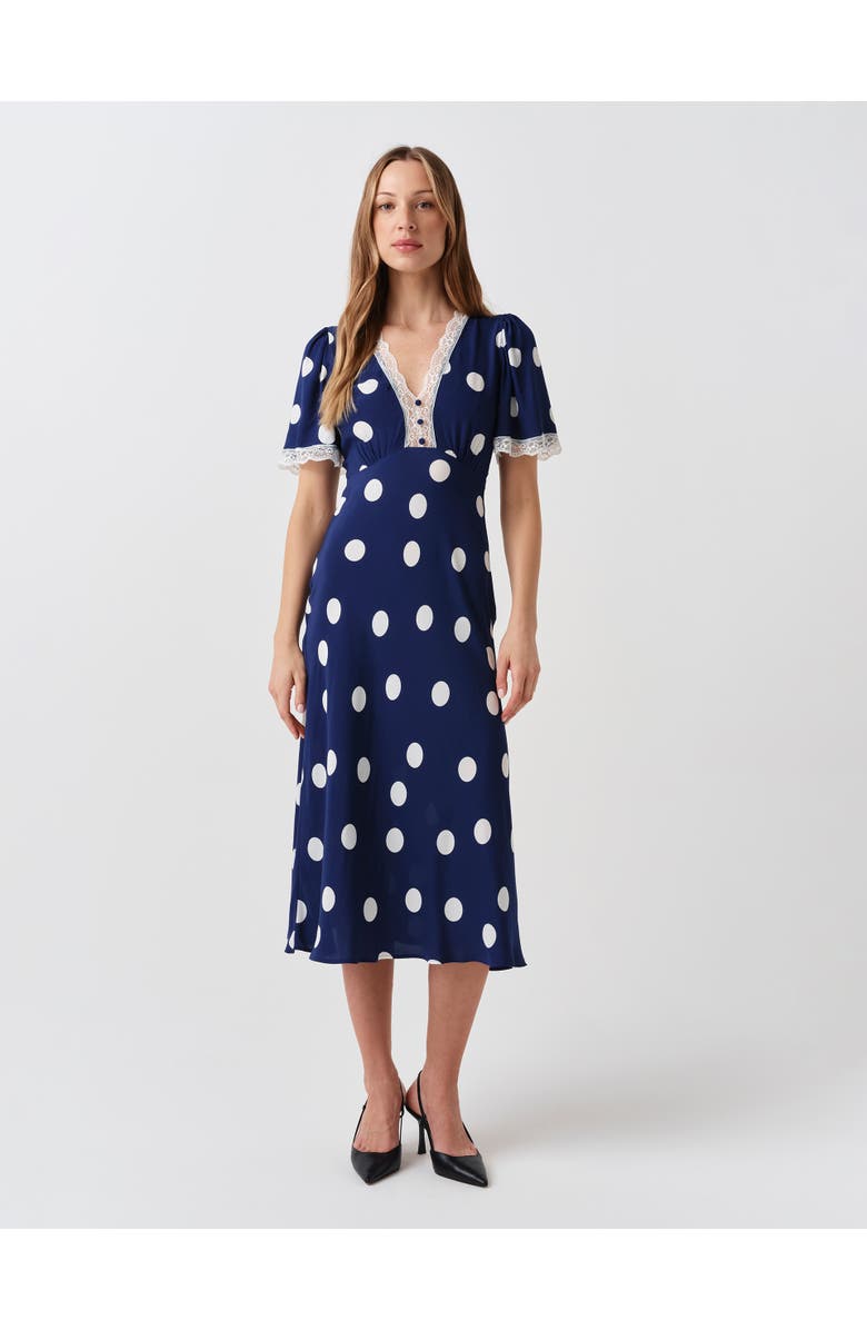 Ghost London Belle Lace Crepe Midi Dress, Alternate, color, Navy Spot