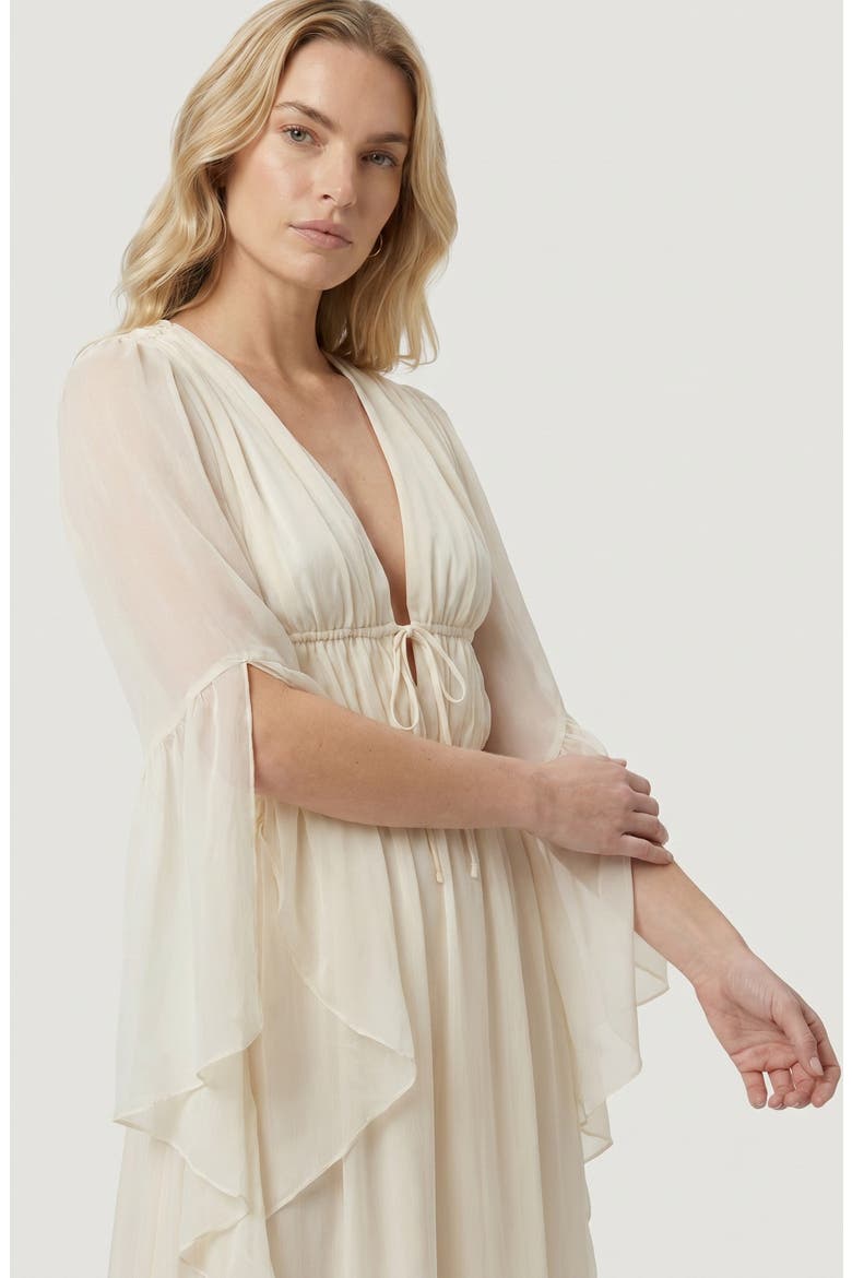 Plunging Neck Tie Waist Ruffle Sleeve Maxi Dress, Alternate, color, Beige