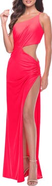 La Femme One Shoulder Dress with Side Cut Out and Unique Back in Bright Colors