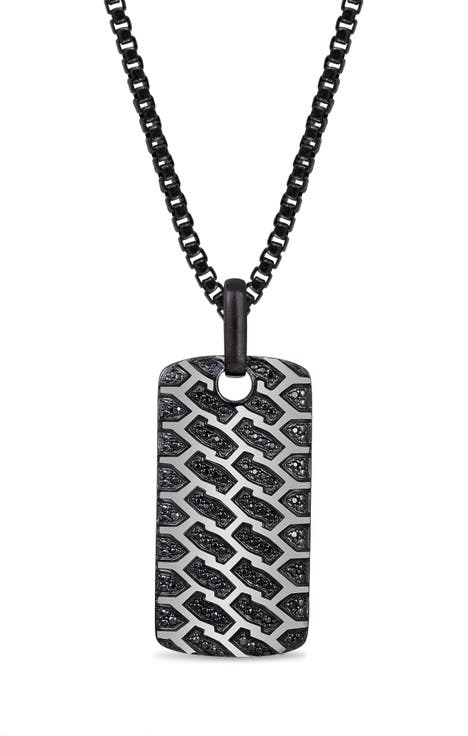 Fast Track Tire Tread Silver & Black Diamond Tag Necklace