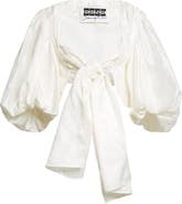 EENK Tie Front Puff Sleeve Silk Bolero Top