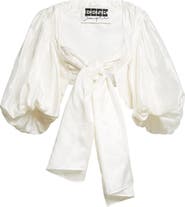 EENK Tie Front Puff Sleeve Silk Bolero Top