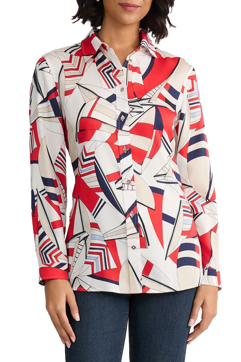 Geo Print Button-Up Shirt, Main, color, ROUGE MULTI