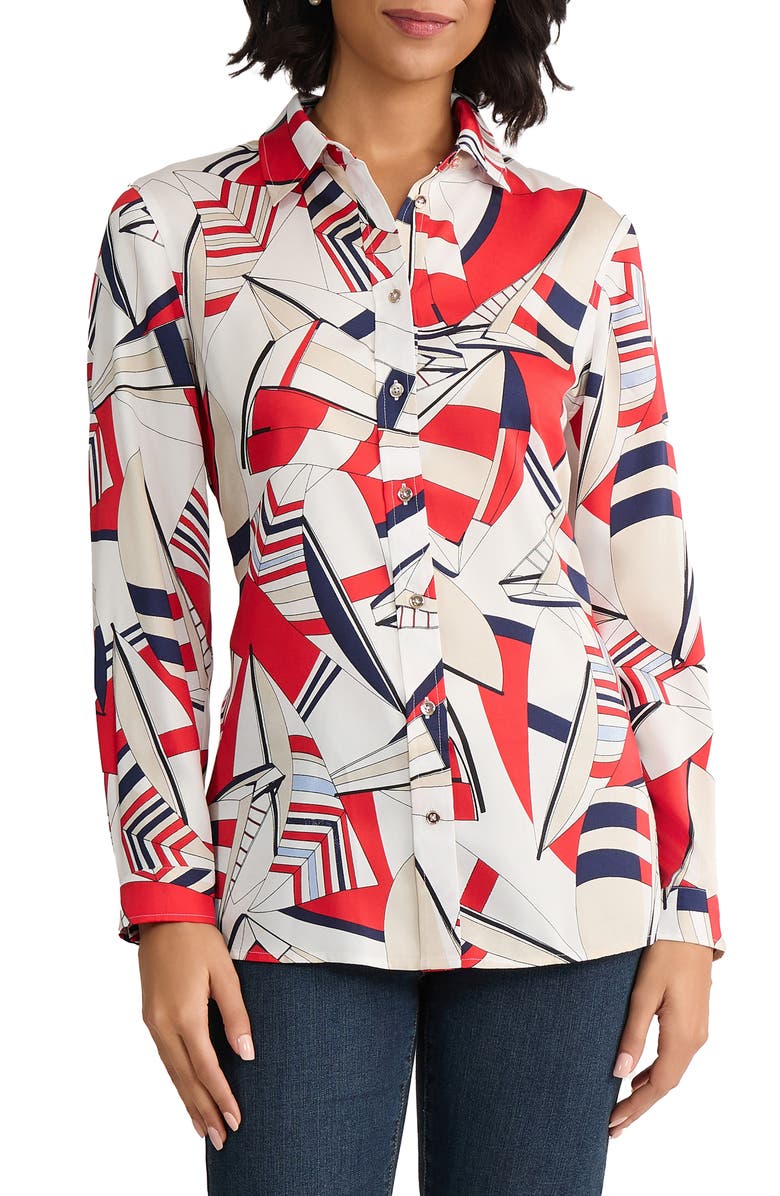 Jones New York Geo Print Button-Up Shirt, Main, color, Rouge Multi