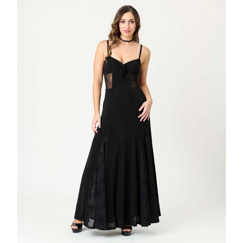 Unique Vintage Sheer Spiderweb Godet Maxi Dress In Black