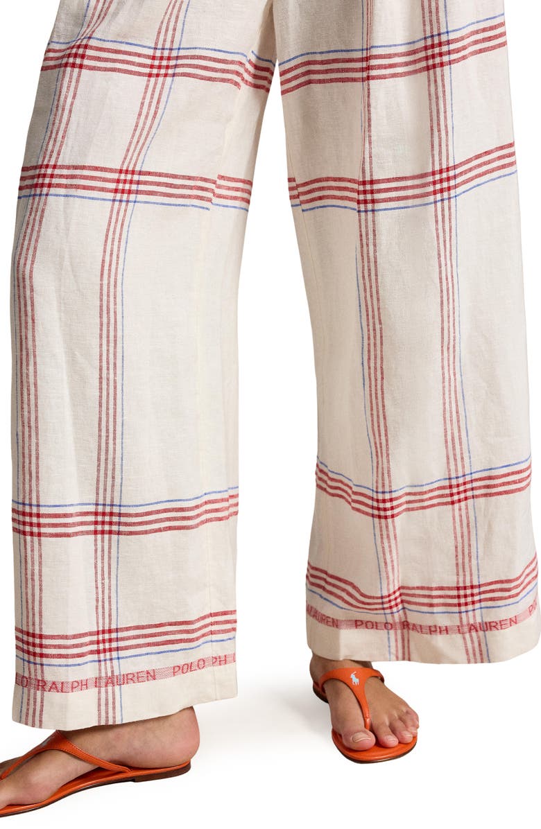 Polo Ralph Lauren Plaid Linen Crop Wide Leg Pants, Alternate, color, Cream-Red Multi