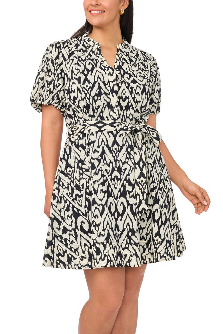 Ikat Print Puff Sleeve A-Line Minidress, Alternate, color, RICH BLACK