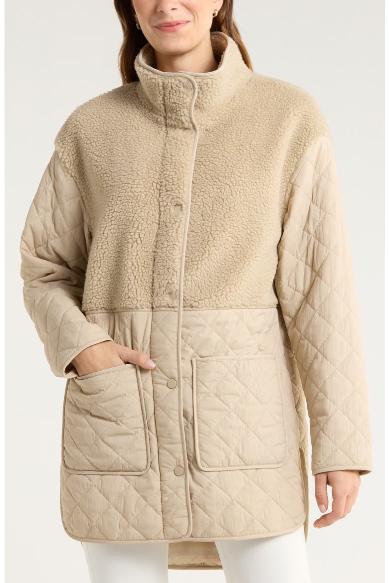 Faux Shearling Hybrid Quilted Long Jacket, Alternate, color, TAN OXFORD