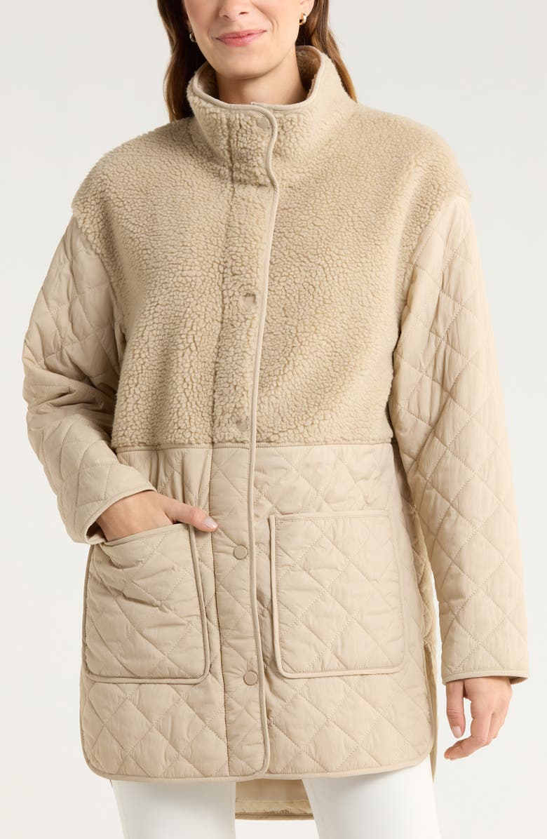 Zella Faux Shearling Hybrid Quilted Long Jacket, Alternate, color, Tan Oxford