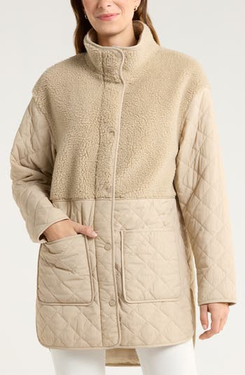Faux Shearling Trim Quilted Long Jacket