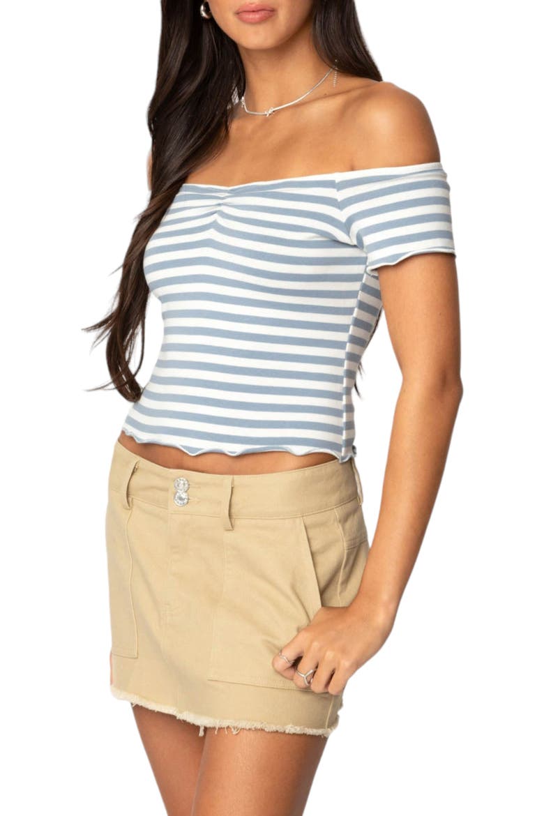 Shara Stripe Off the Shoulder Stretch Cotton Top, Alternate, color, BLUE-AND-WHITE