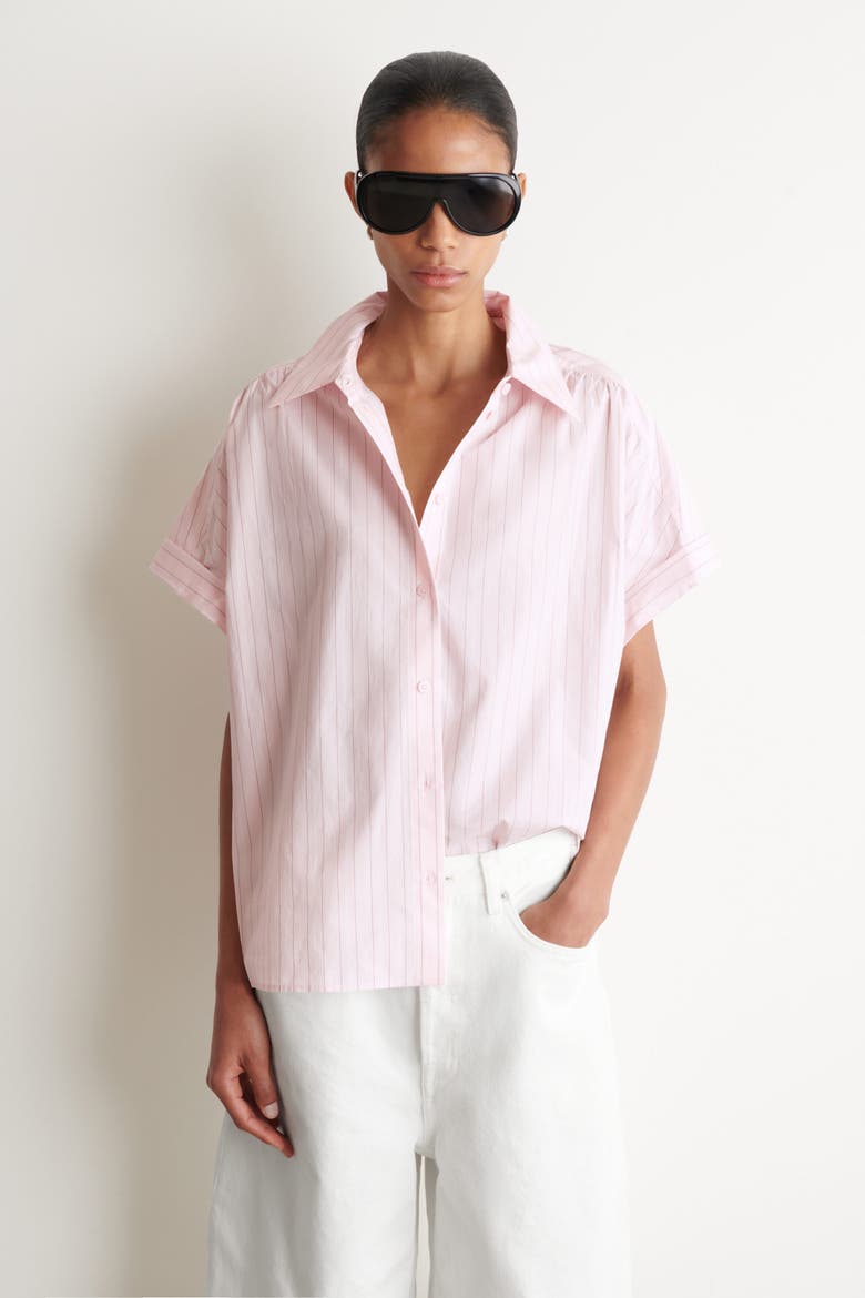Striped Short-sleeved Cotton Shirt, Main, color, PINK / STRIPED