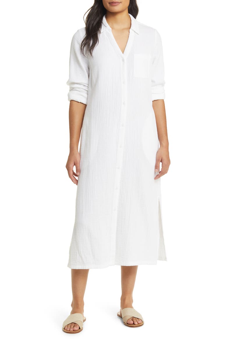 Cotton Gauze Long Sleeve Midi Shirtdress, Main, color, WHITE