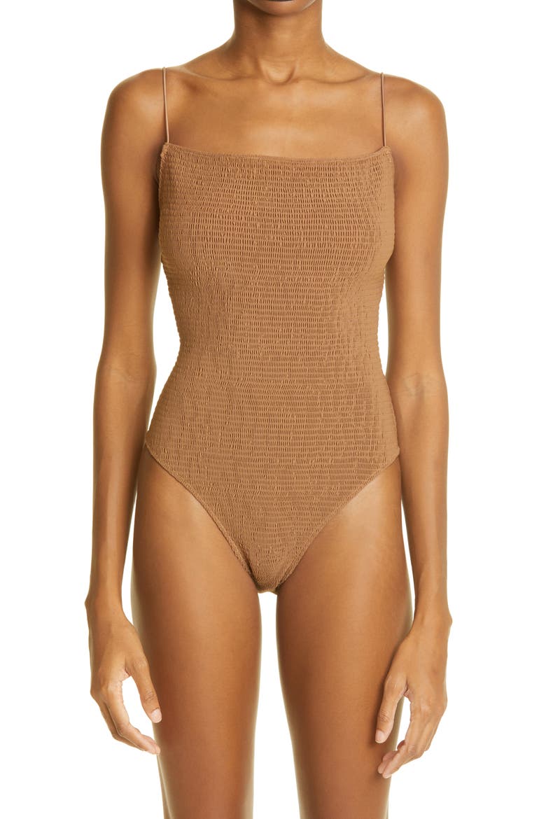 Totême Smocked One-Piece Swimsuit, Main, color, NOUGAT