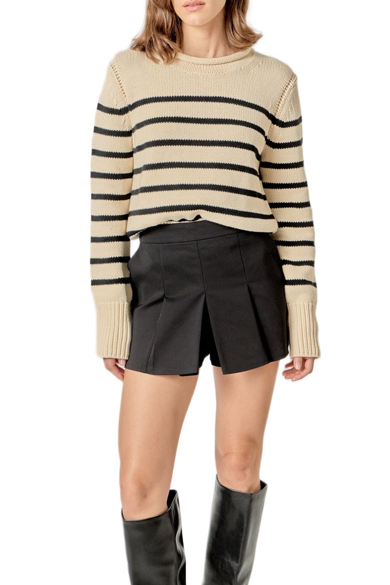 Stripe Roll Neck Cotton Blend Sweater, Alternate, color, BEIGE/ BLACK