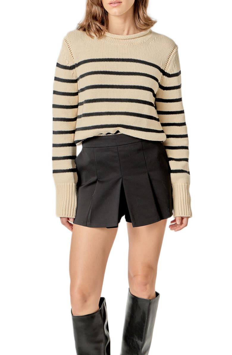 English Factory Stripe Roll Neck Cotton Blend Sweater, Alternate, color, Beige/ Black