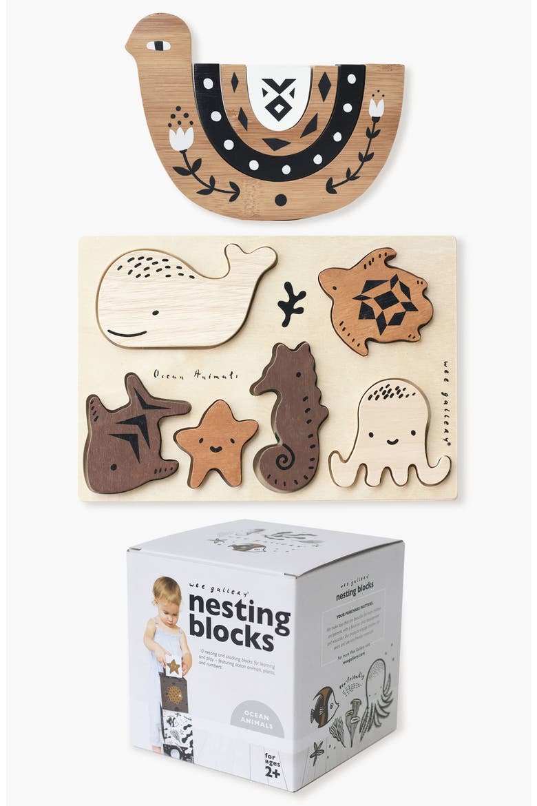 Ocean Themed Wooden Tray Puzzle, Nesting Blocks and Wooden Nesting Bird Bundle, Main, color, Woodland