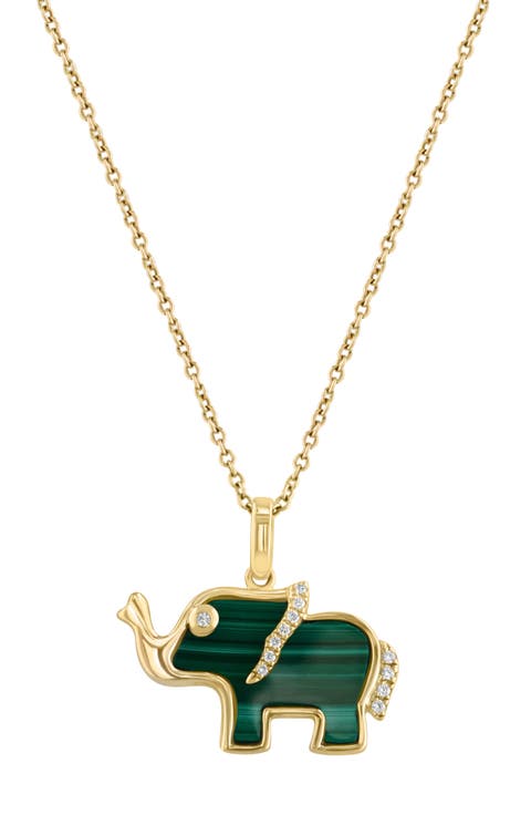 Malachite & Diamond Elephant Pendant Necklace - 0.03ct.