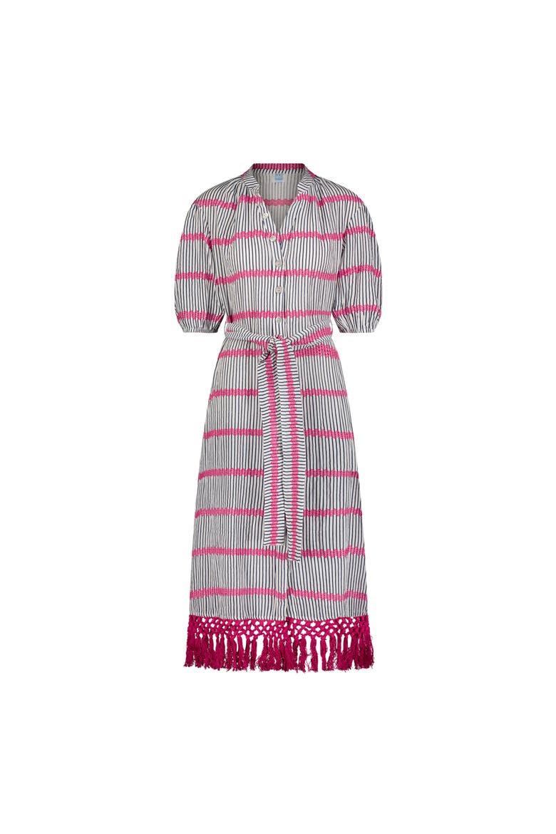Estelle Womens Fringed Shirtdress Marine Stripe Embroidery, Main, color, Blue