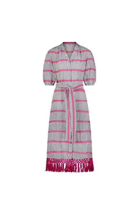 Estelle Womens Fringed Shirtdress Marine Stripe Embroidery