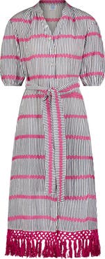 Mer St. Barth Estelle Womens Fringed Shirtdress Marine Stripe Embroidery
