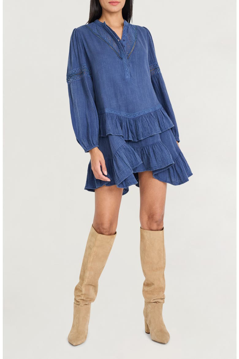Ruffle Lace Trim Long Sleeve Denim Minidress, Alternate, color, WASHED DENIM