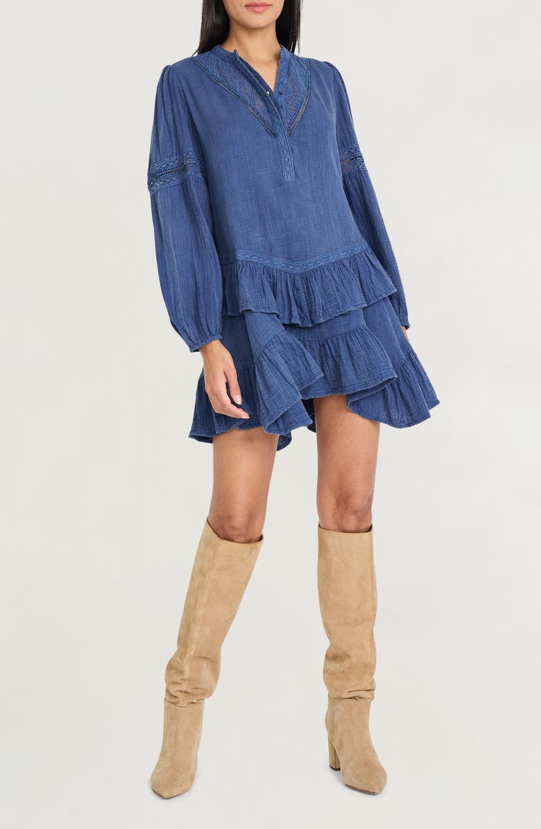 The Good Journey Ruffle Lace Trim Long Sleeve Denim Minidress, Alternate, color, Washed Denim