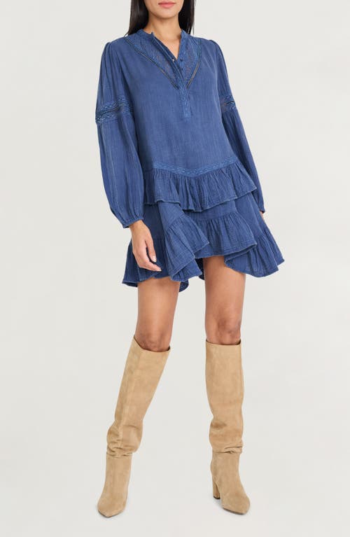 The Good Journey Ruffle Lace Trim Long Sleeve Denim Minidress In Blue