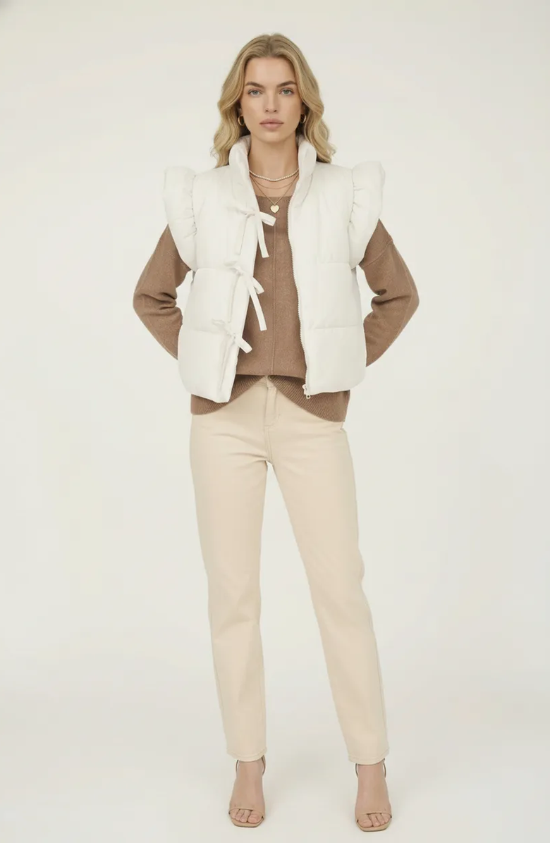 Modenaire Ruffle Shoulder Puffer Vest with Front Tie Closures and Stand Collar, Alternate, color, White