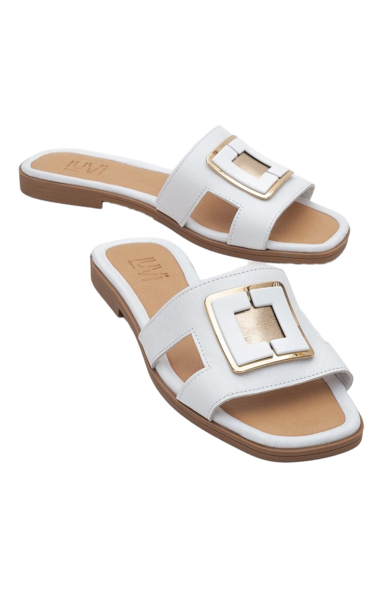 Millie Leather Buckle Slide, Alternate, color, White Leather