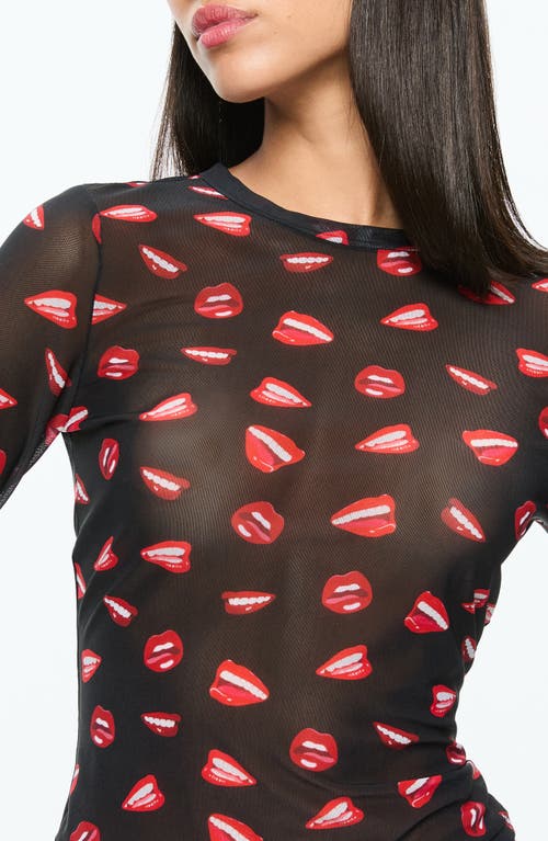 Shop Alice And Olivia Alice + Olivia Delaina Mouth Print Mesh Top In Lip Sync Black