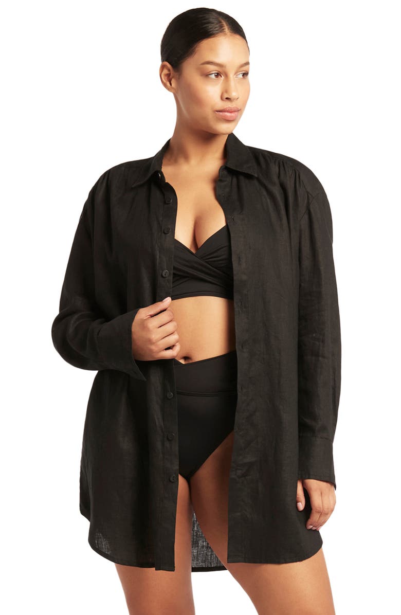 Sea Level Linen Button-Up Cover-Up Shirtdress, Alternate, color,