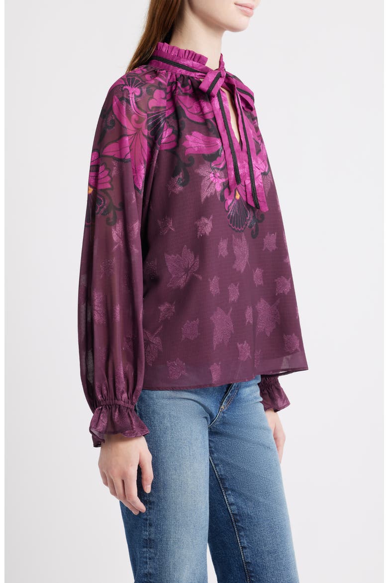 Kimi Leaf Print Tie Neck Top, Alternate, color, BURGUNDY MULTI