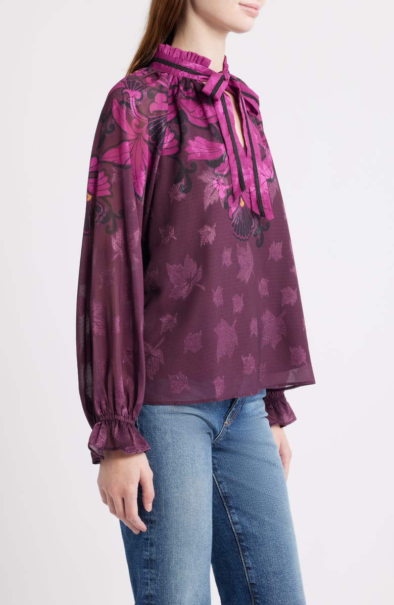 CIEBON Kimi Leaf Print Tie Neck Top, Alternate, color, Burgundy Multi
