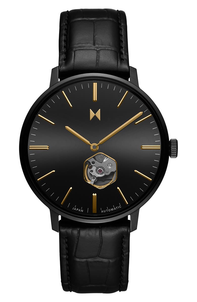 MVMT Legacy Slim Automatic Leather Strap Watch, 45mm, Main, color, Black