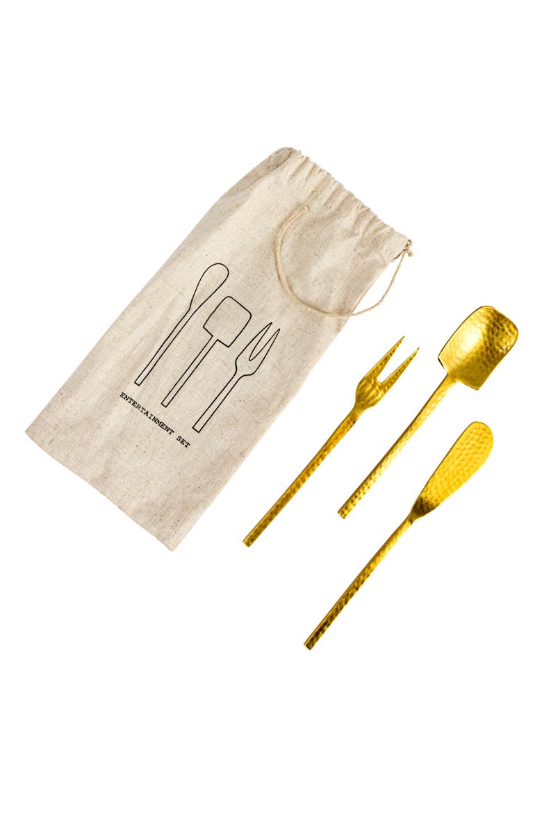 Hammered Stainless Steal Appetizer Utensils in Drawstring Bag, Main, color, Gold