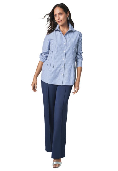 Jessica London Stitched Waist Poplin Shirt In Blue