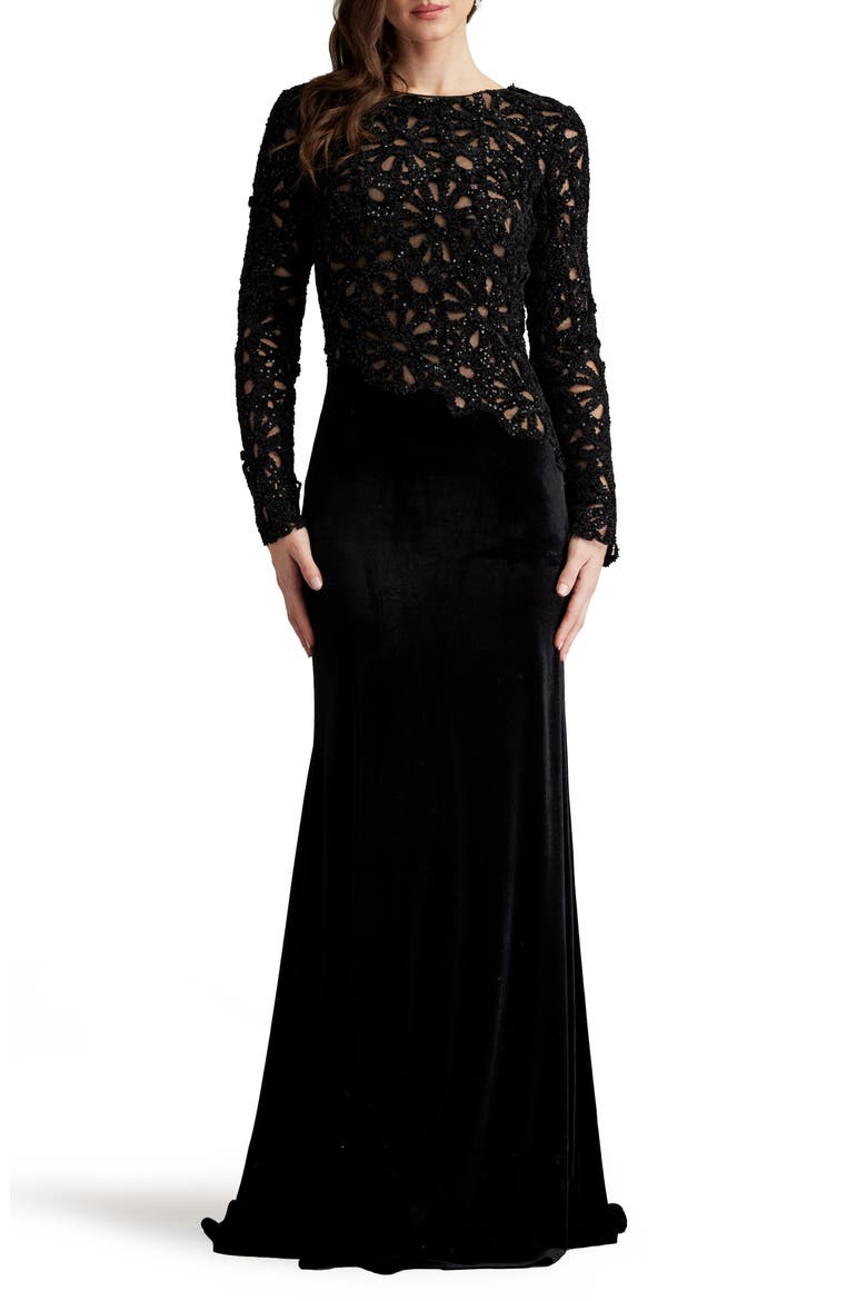 Sequin Lace Bodice Long Sleeve Velvet Gown, Main, color, BLACK/ NUDE