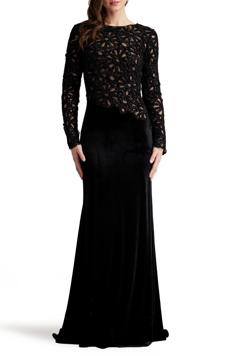 Tadashi Shoji Sequin Lace Bodice Long Sleeve Velvet Gown, Main, color, 