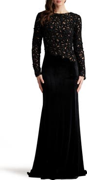 Tadashi Shoji Sequin Lace Bodice Long Sleeve Velvet Gown