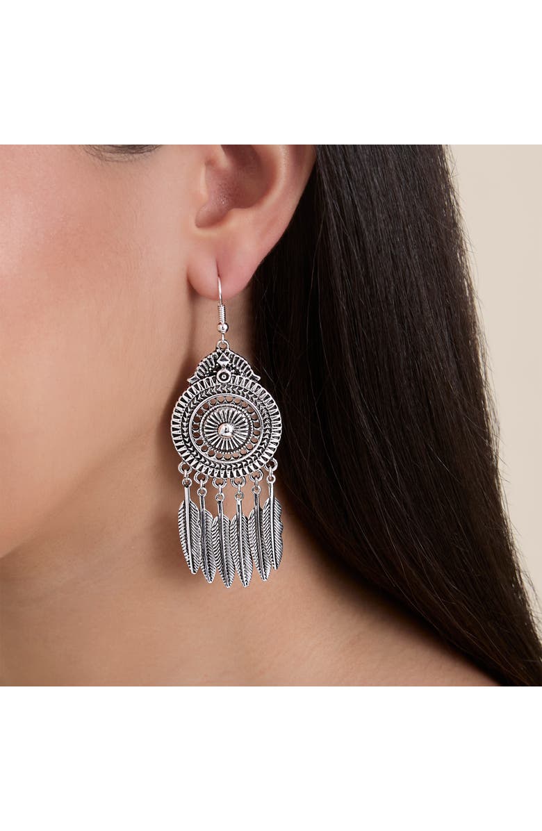 Jessica Simpson Boho Feather Drop Earrings, Alternate, color, Antique Silver