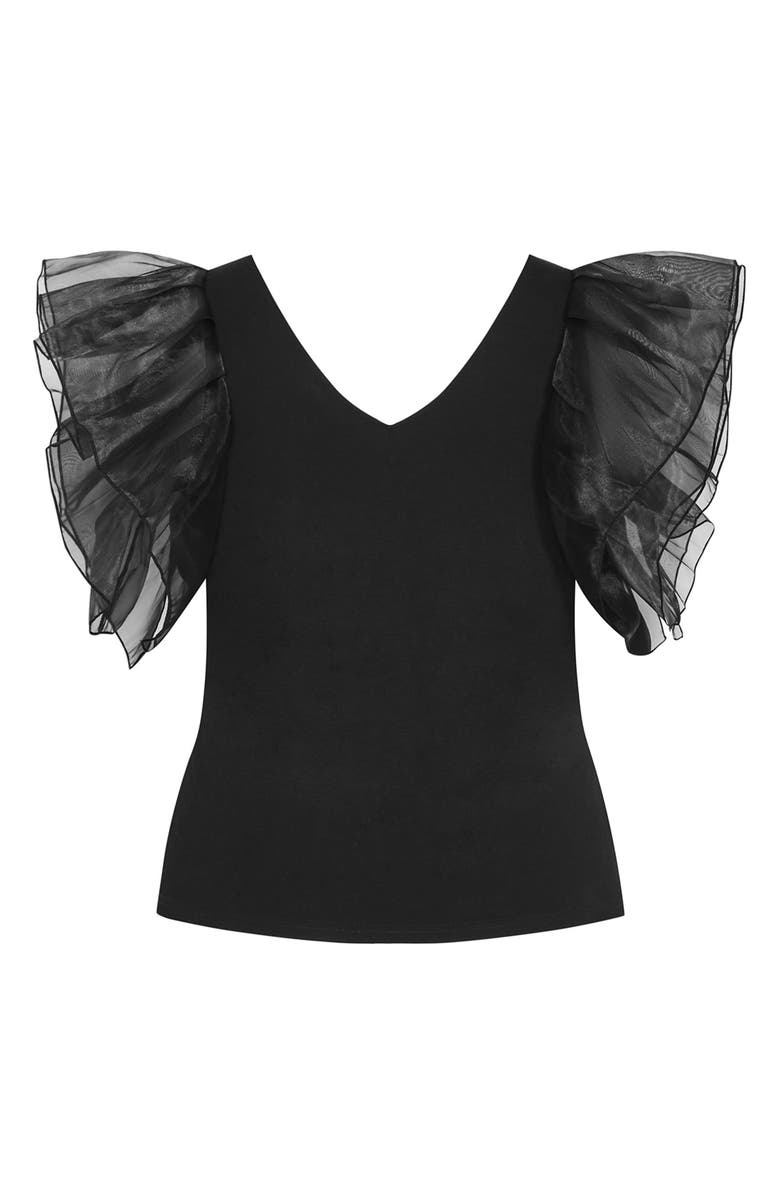 City Chic Sierra Mixed Media Flutter Sleeve Top, Alternate, color, Black