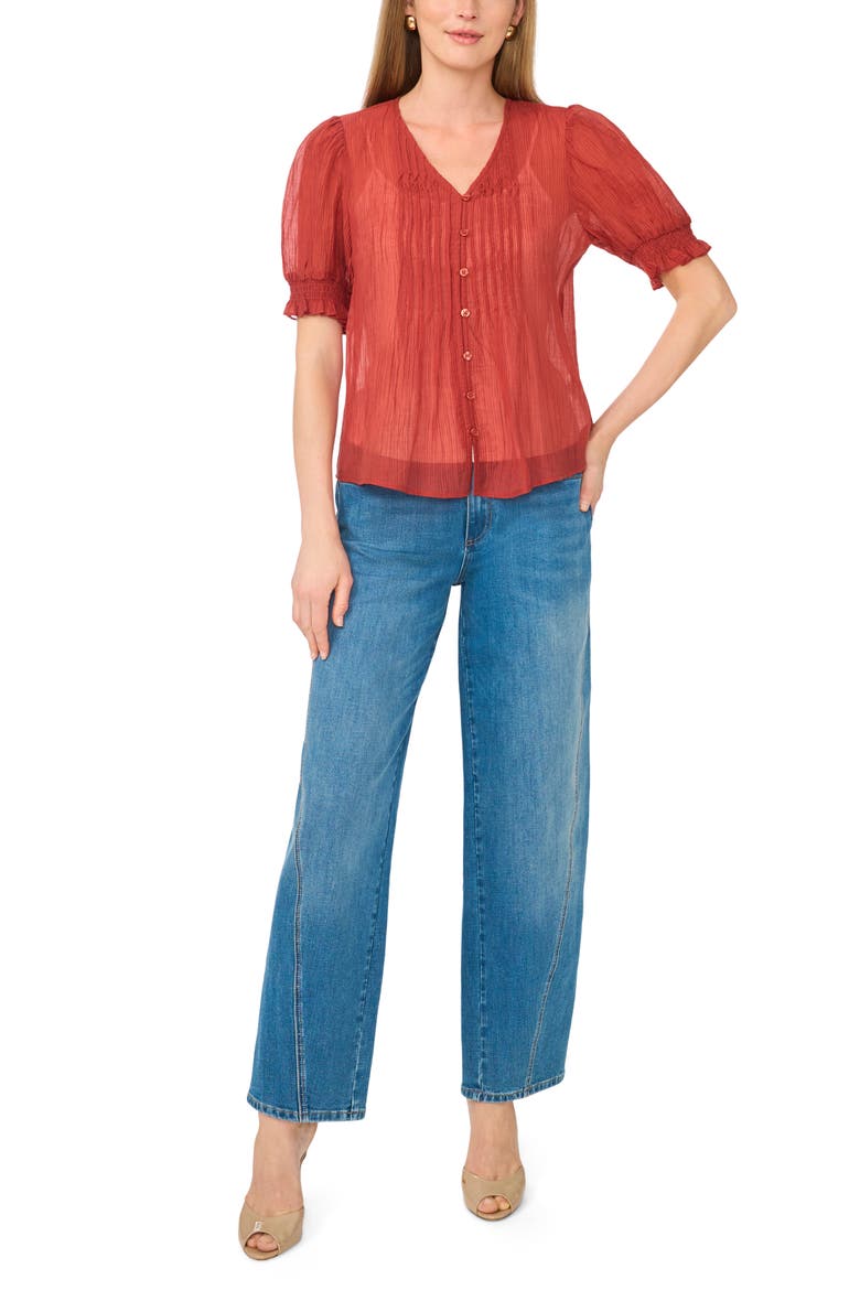 Pintuck V-Neck Puff Sleeve Top, Alternate, color, RUST