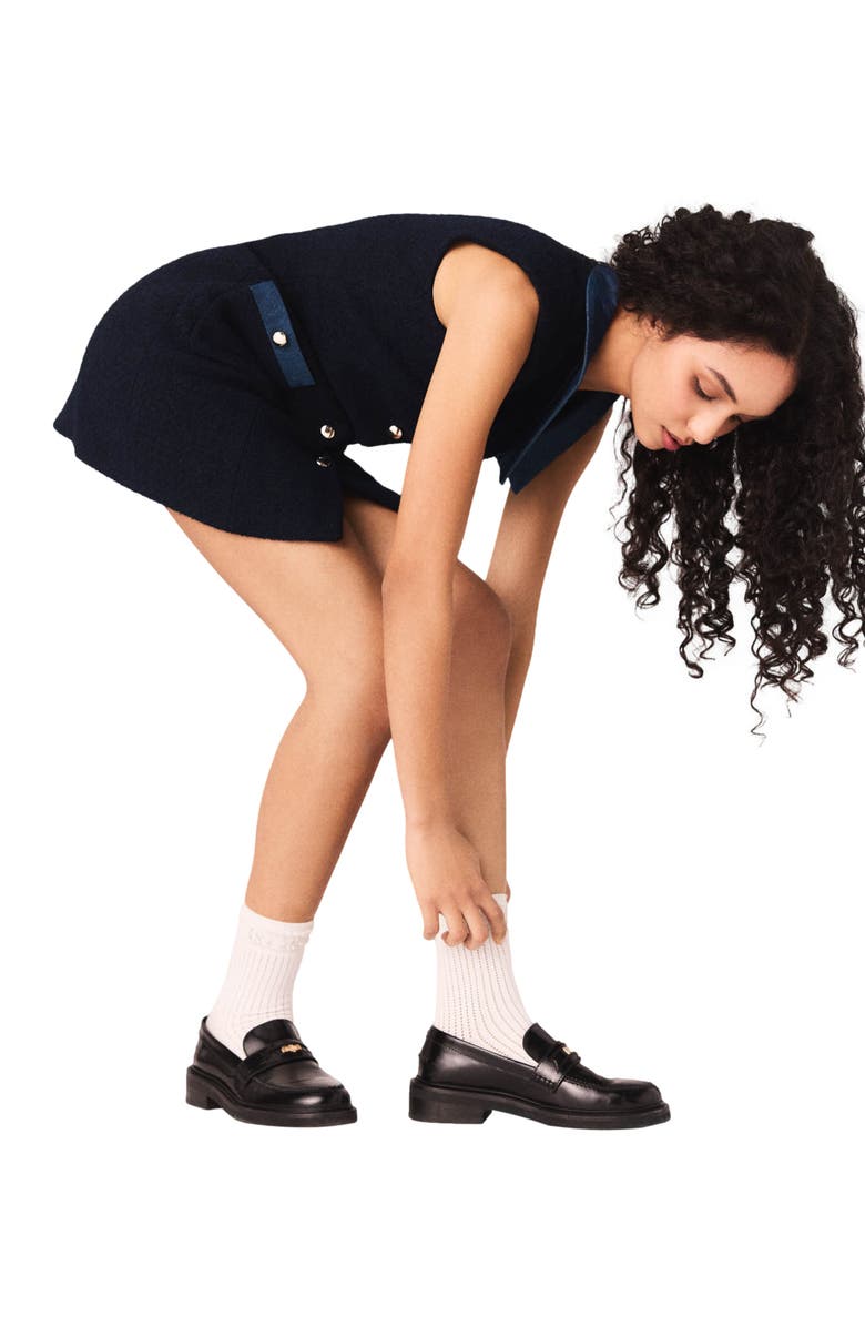 maje Tweed dress with denim details, Alternate, color, Navy