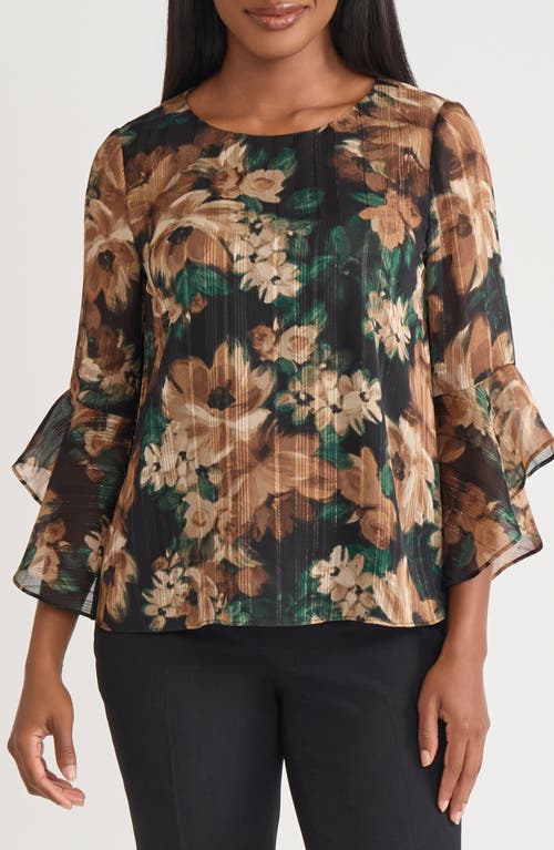 Kasper Metallic Ruffle Sleeve Top In Brown