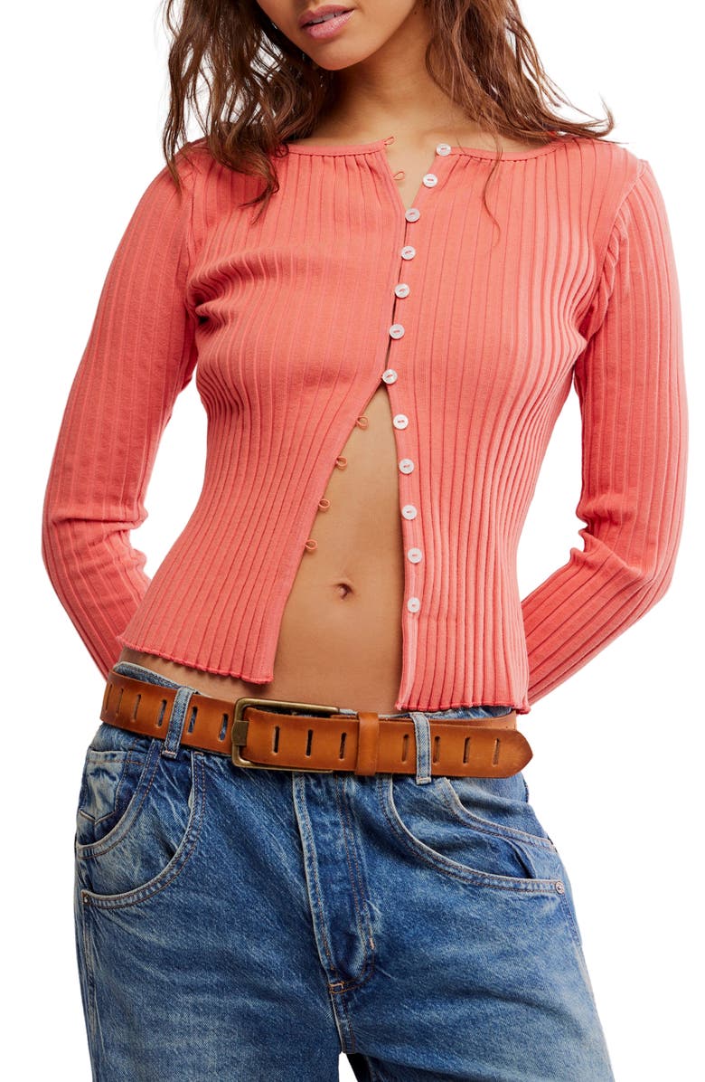 Free People Tilly Rib Long Sleeve Button-Up Top, Main, color, Crabapple